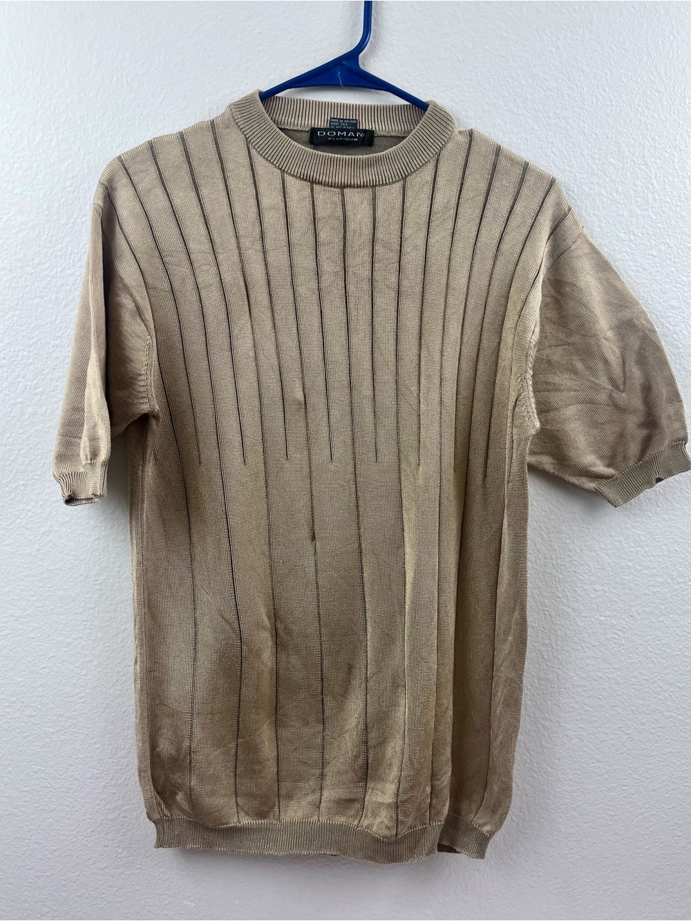 Domani Platinum Men’s Beige Knit Shirt Short Sleeve Pullover Size M Crew neck